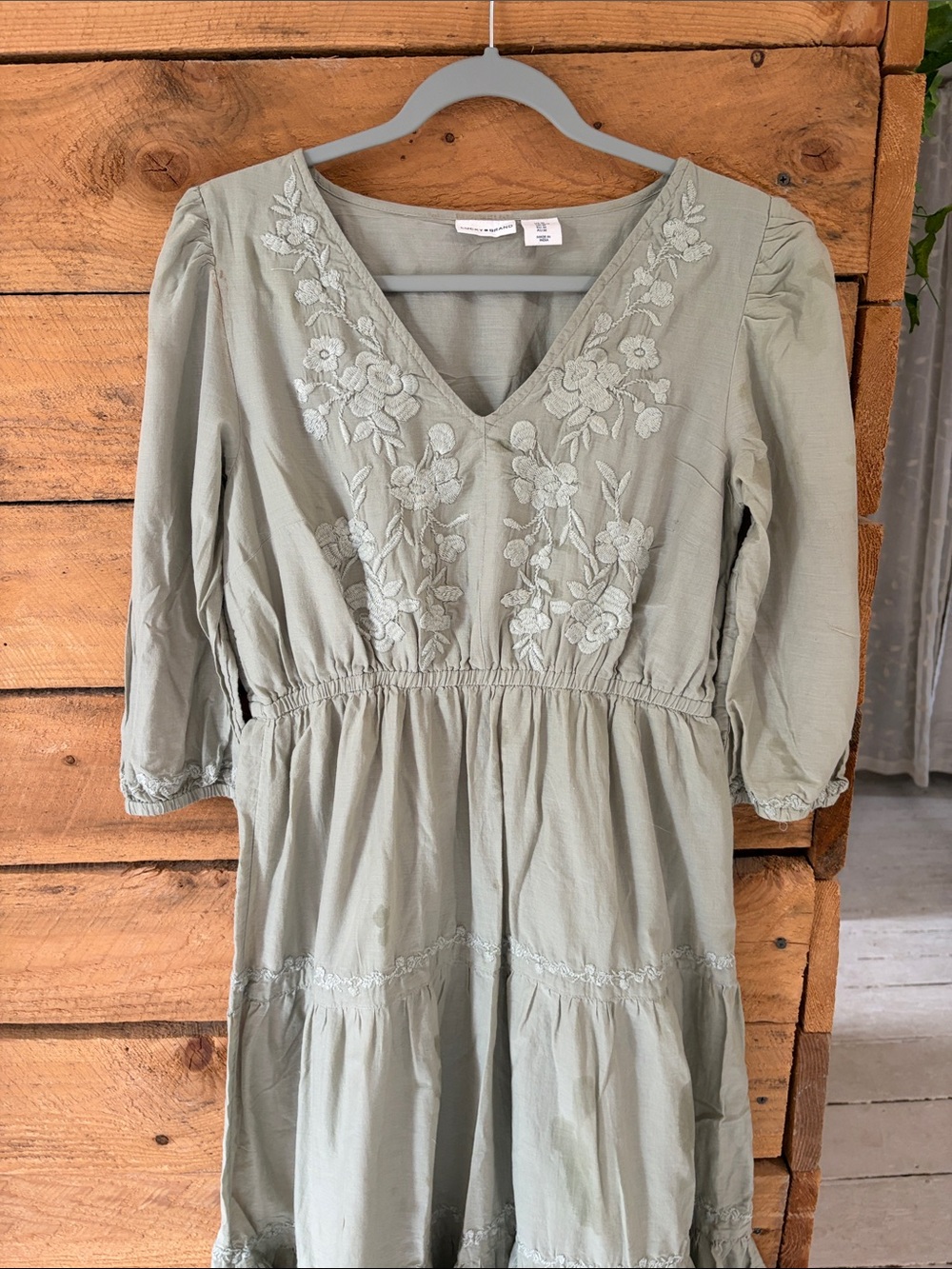 Lucky Brand Sage Green Embroidered V-Neck Midi Dress